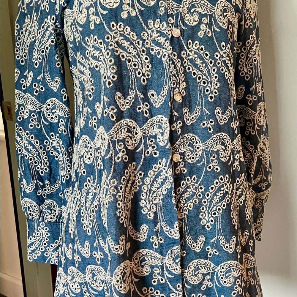 Zara Denim Blue Shirt with White Embroidery